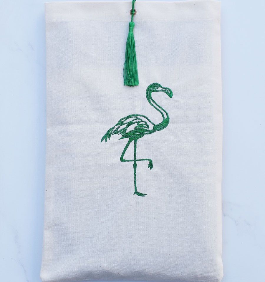 Pochette beige clair brodée flamant avec pompon vert Fouta Tunisia - 1