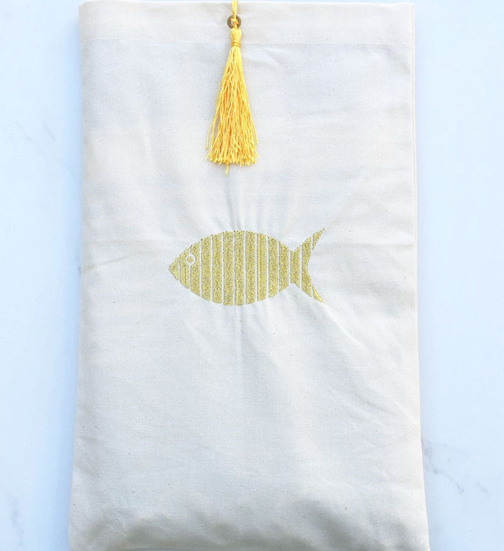 Pochette beige clair brodée avec pompon jaune Fouta Tunisia - 2