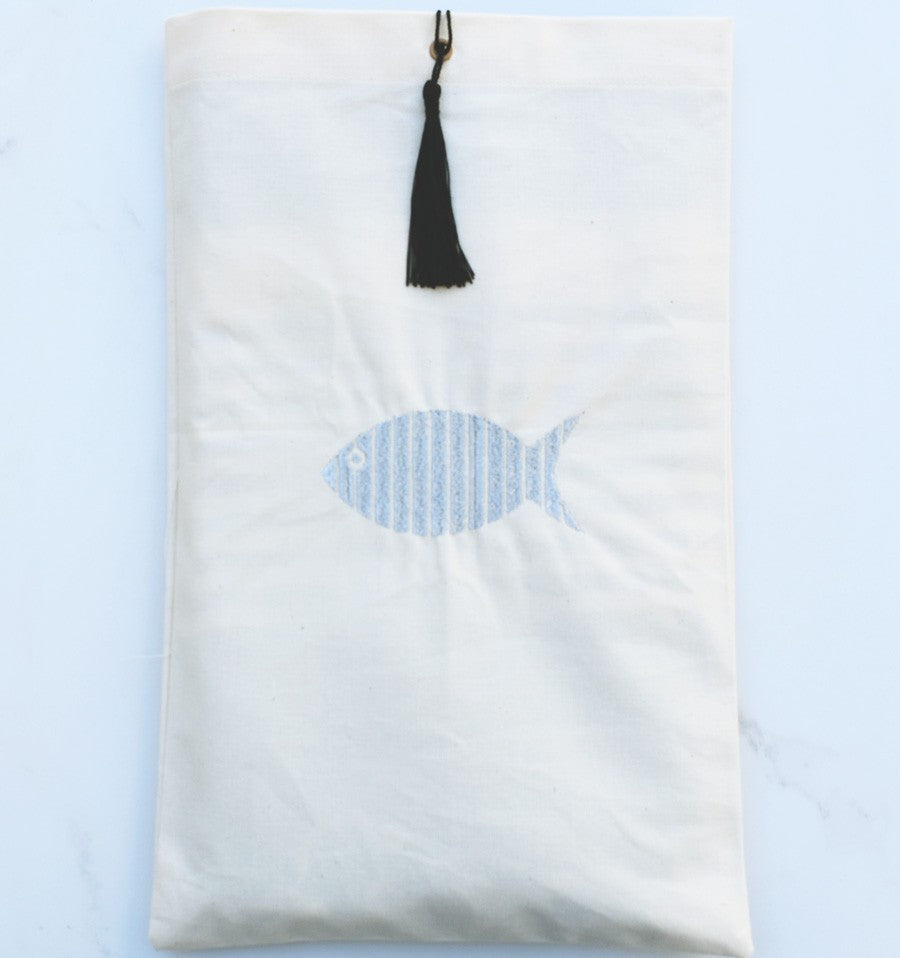 Pochette beige clair brodée avec pompon noir Fouta Tunisia - 1