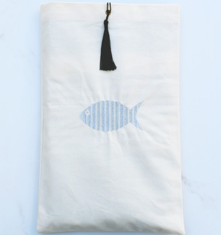 Pochette beige clair brodée avec pompon noir Fouta Tunisia - 1