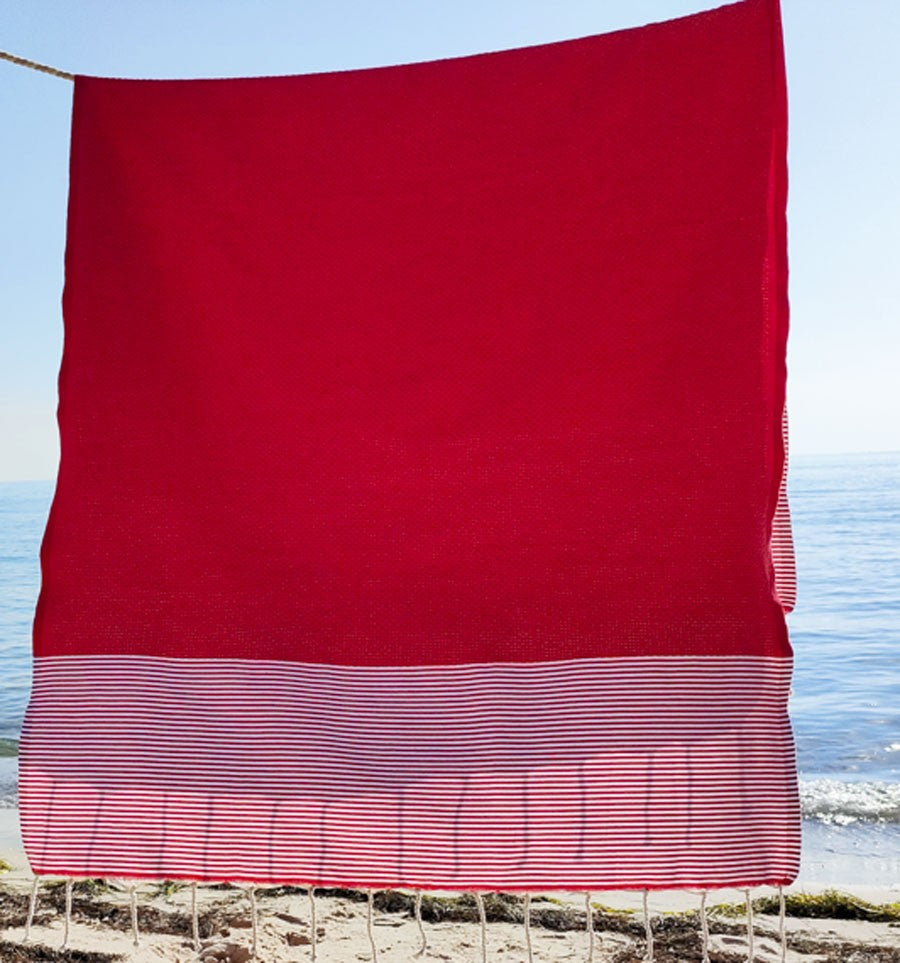 Serviette de plage nid d'abeille rouge clair Fouta Tunisia - 1