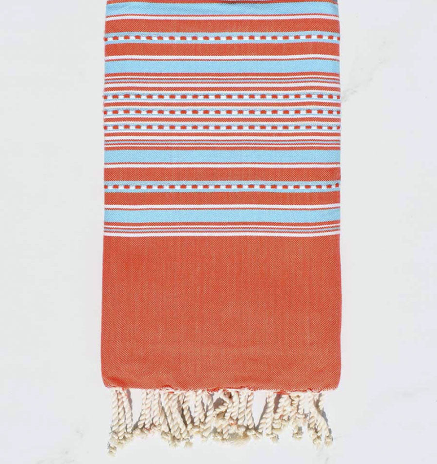 Fouta arabesque orangé foncé à rayures  bleu clair Fouta Tunisia - 1