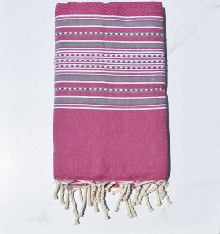 Fouta arabesque rose foncé avec rayures gris Fouta Tunisia - 1