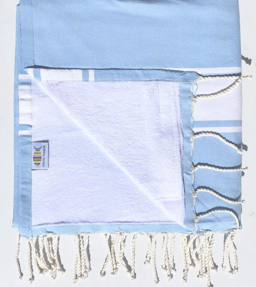 fouta doublée  éponge bleu ciel  et bleu Fouta Tunisia - 1