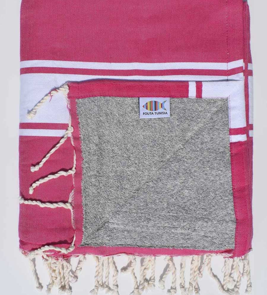 Fouta plate rose fushia avec bandes blanche doublée éponge gris Fouta Tunisia - 1