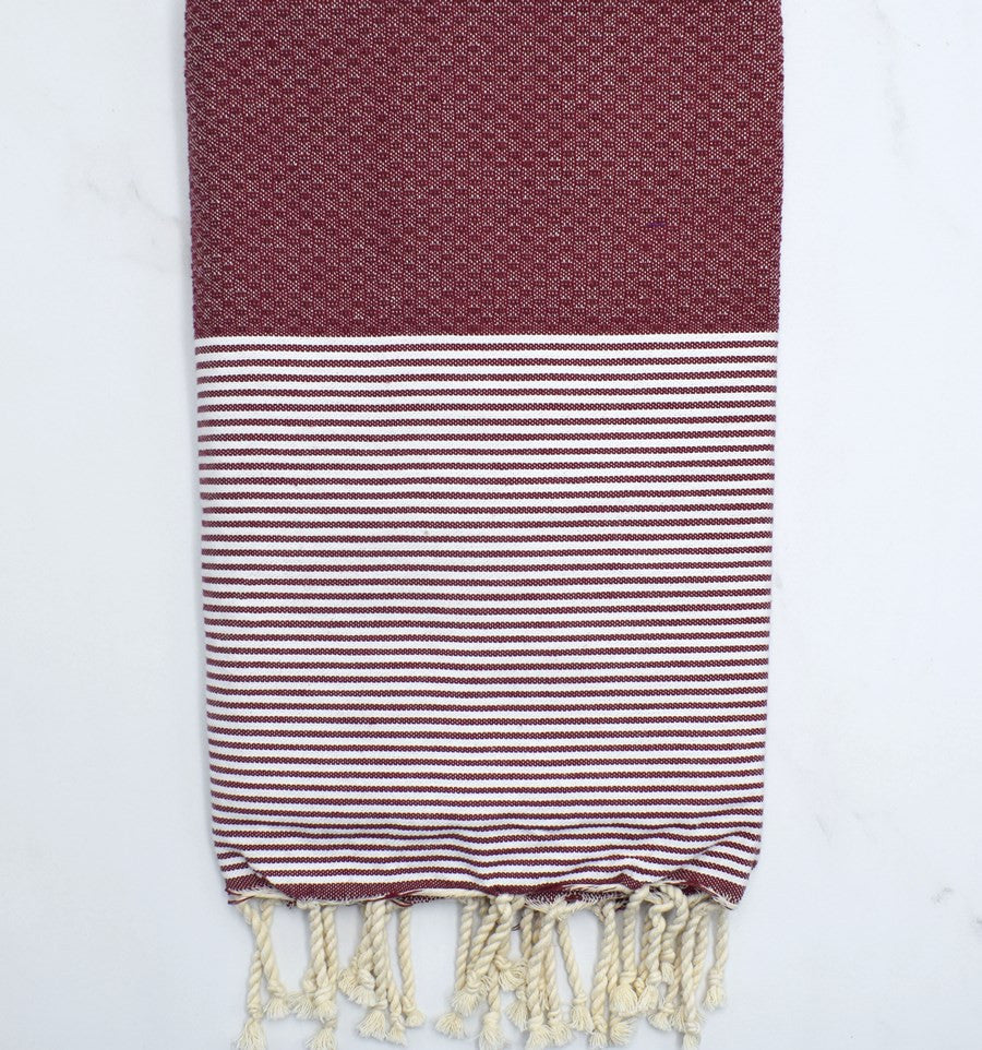 FOUTA NID D'ABEILLE rouge bordeaux rayée blanc Fouta Tunisia - 1