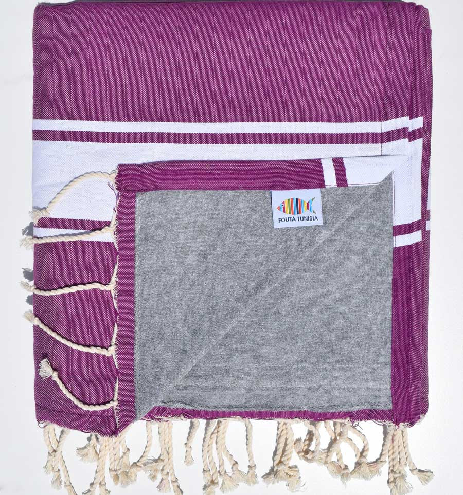 Serviette de plage doublée éponge violet foncé et gris Fouta Tunisia - 2