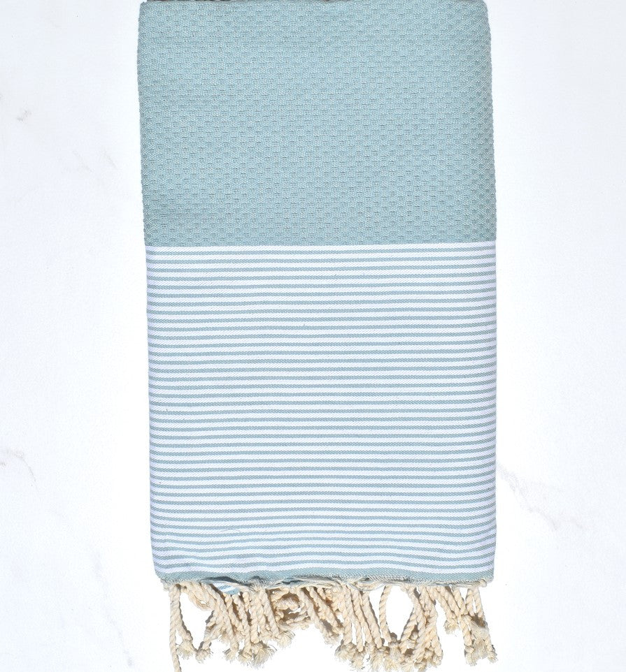 FOUTA NID D'ABEILLE Bleu givré rayée blanc Fouta Tunisia - 1