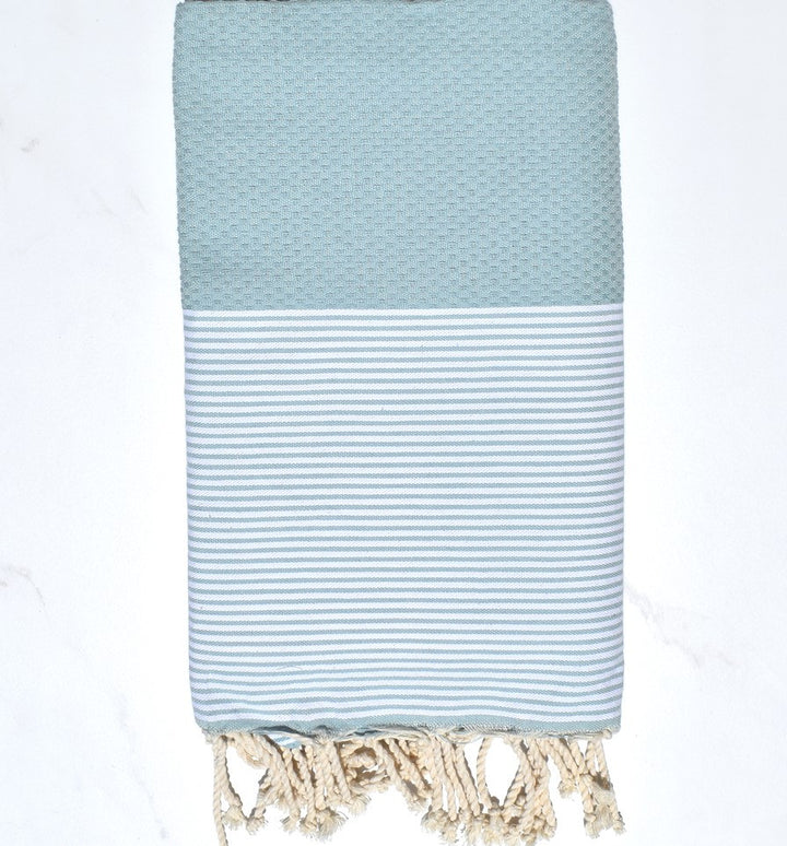 FOUTA NID D'ABEILLE Bleu givré rayée blanc Fouta Tunisia - 1