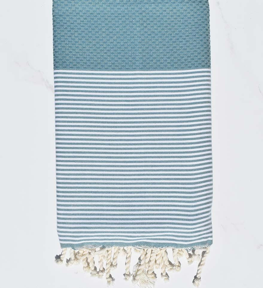 Fouta nid d'abeille bleu paon Fouta Tunisia - 1