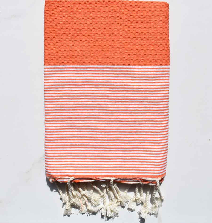 Fouta nid d'abeille orange corail rayée blanc Fouta Tunisia - 1