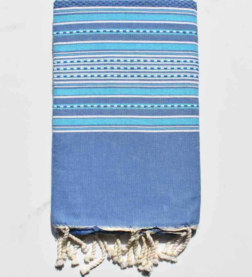 Fouta arabesque bleu avec rayures azur Fouta Tunisia - 1