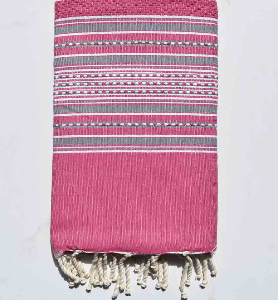 Fouta arabesque rose foncé avec rayures gris Fouta Tunisia - 8