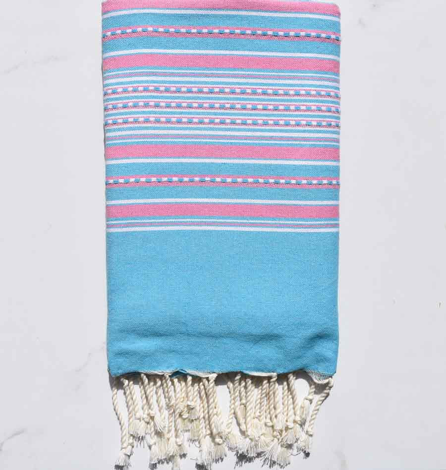 Fouta arabesque bleu céleste rayée rose pastel Fouta Tunisia - 1