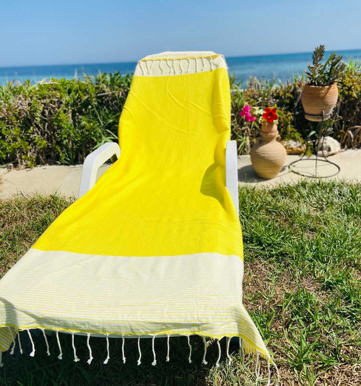 FOUTA NID D'ABEILLE Jaune citron rayée blanc Fouta Tunisia - 1