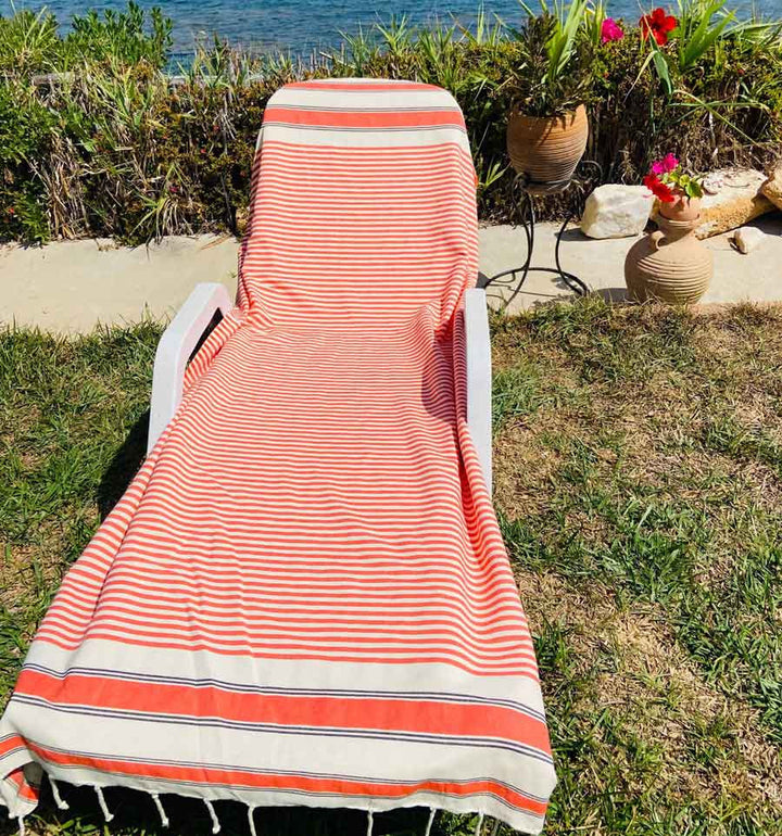 Serviette de plage couleur blanc crème, orange et noir Fouta Tunisia - 2