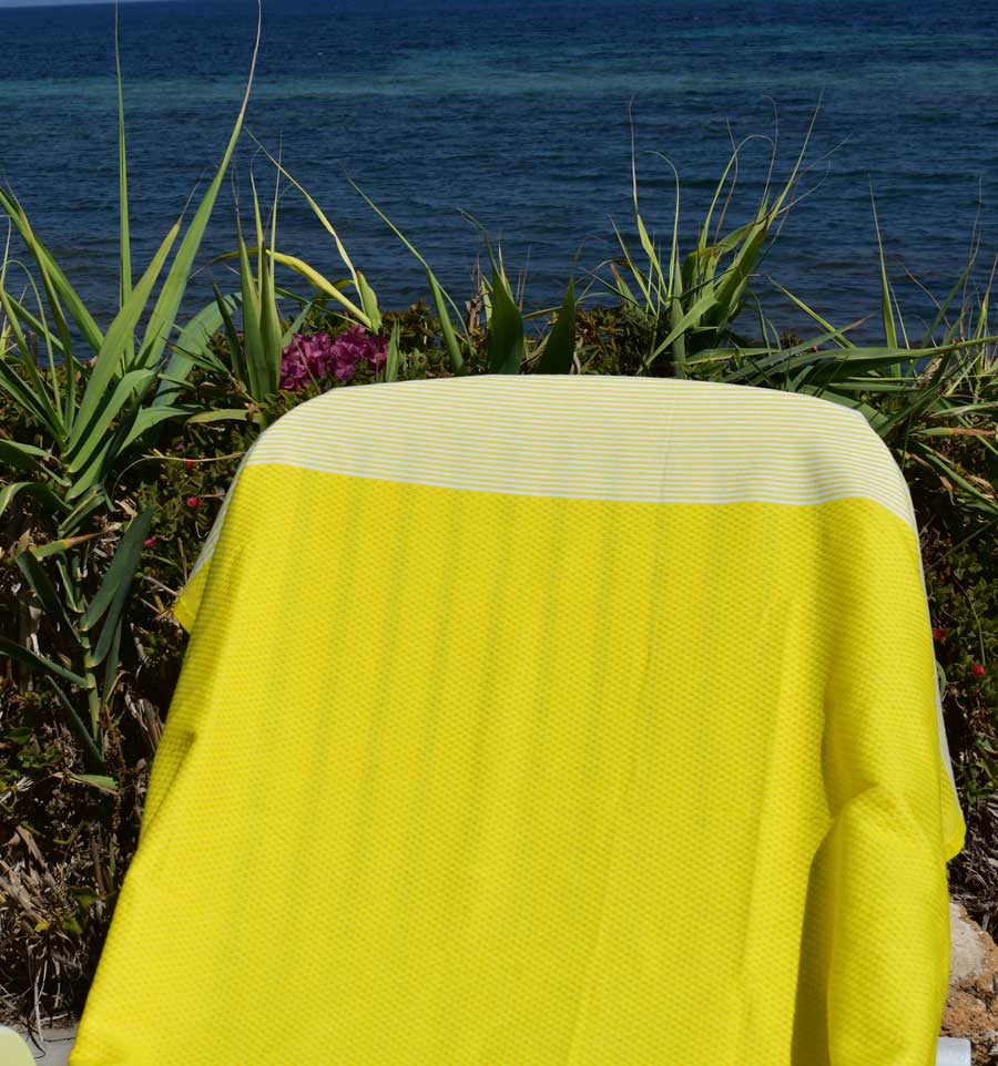 FOUTA NID D'ABEILLE Jaune citron rayée blanc Fouta Tunisia - 4