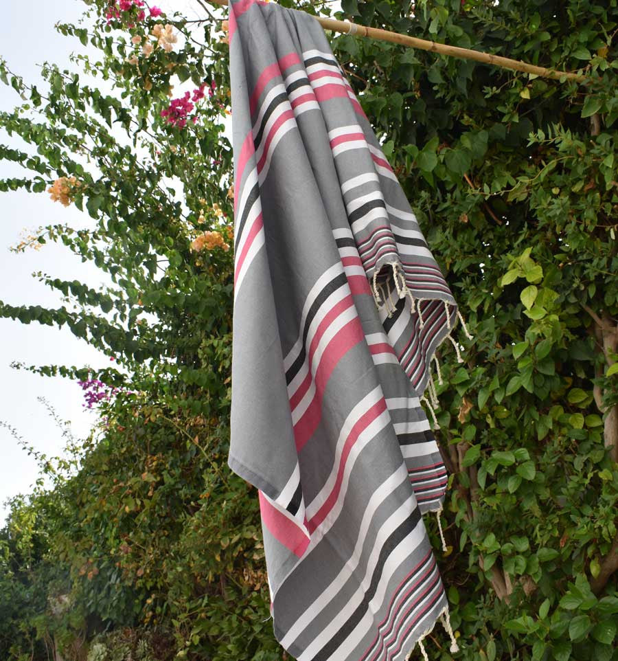Fouta dina gris rayée rose, blanc et gris noir Fouta Tunisia - 3