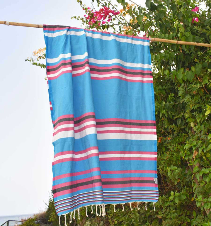 Fouta dina bleu céleste rayée rose et blanc Fouta Tunisia - 5