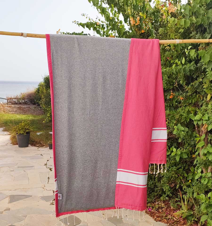 Fouta rose bonbon doublée éponge gris Fouta Tunisia - 3