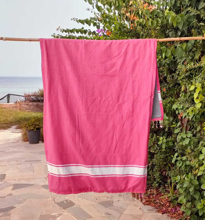 Fouta rose bonbon doublée éponge gris Fouta Tunisia - 1