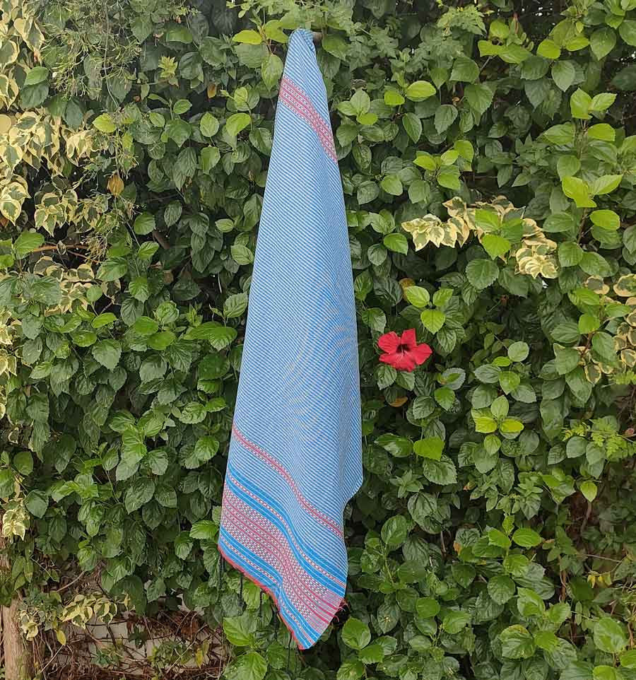 Fouta arabesque bleu, gris clair et rouge Fouta Tunisia - 3