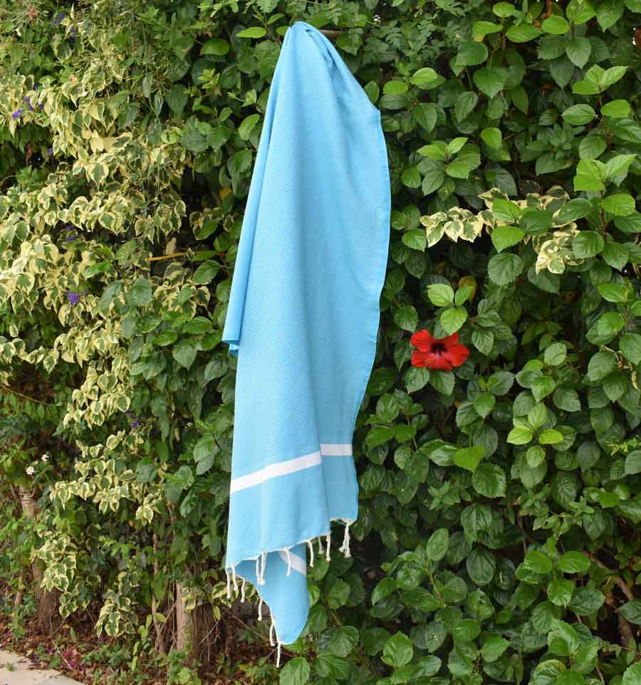 Fouta Nid d’abeille Bleu céleste avec bandes blanche Fouta Tunisia - 3