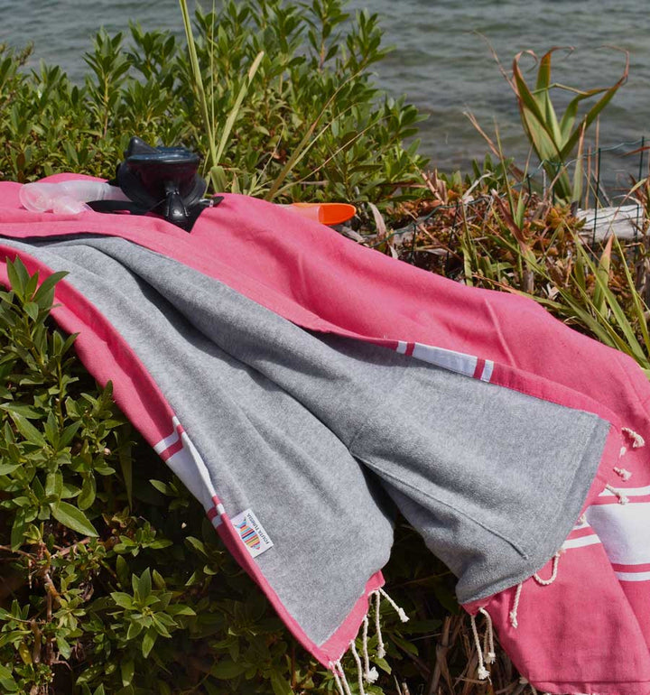 Fouta plate rose fraise doublée éponge gris Fouta Tunisia - 3