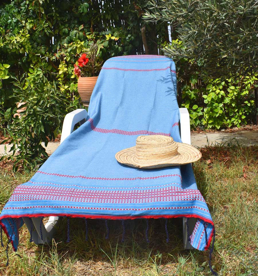 Fouta arabesque bleu, gris clair et rouge Fouta Tunisia - 4