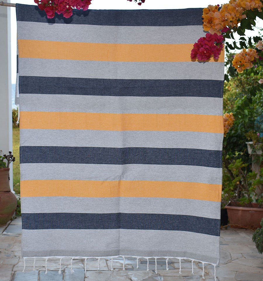 Fouta éponge voilier jaune et bleu marine Fouta Tunisia - 1