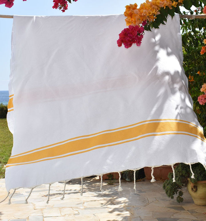 Fouta Plate Blanche Bandes jaune Fouta Tunisia - 2