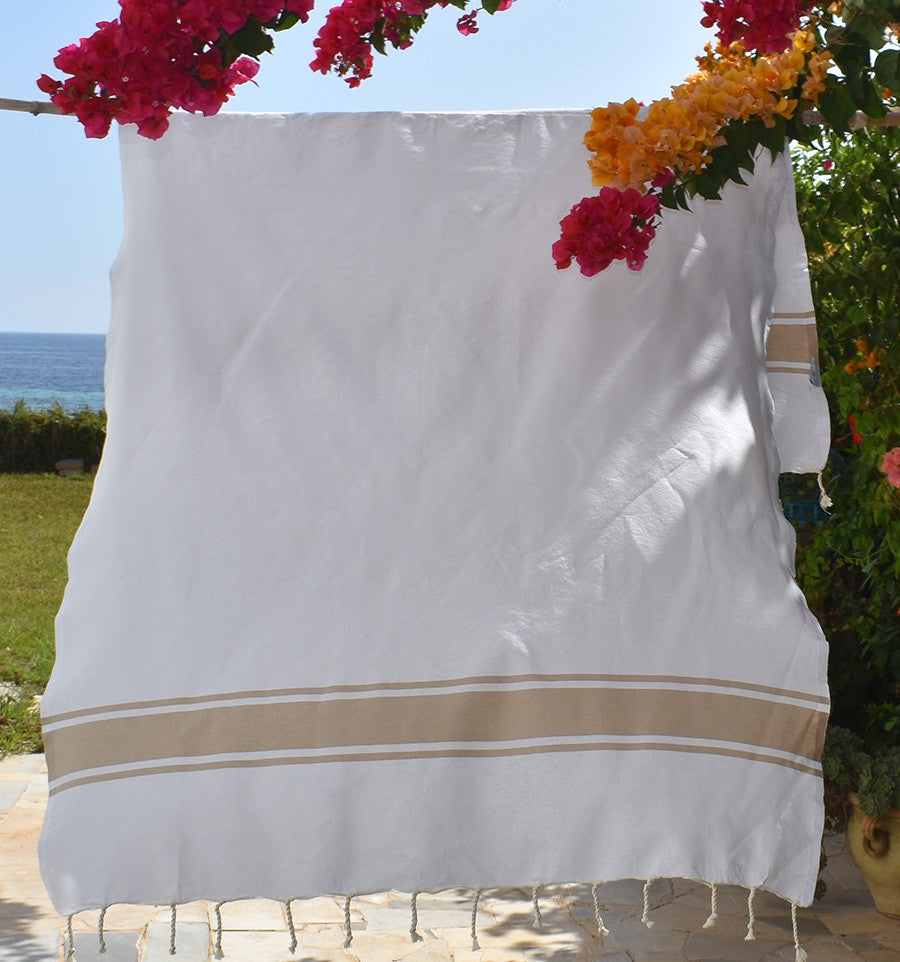 Fouta en Coton Recyclé blanche avec bandes beige Fouta Tunisia - 4