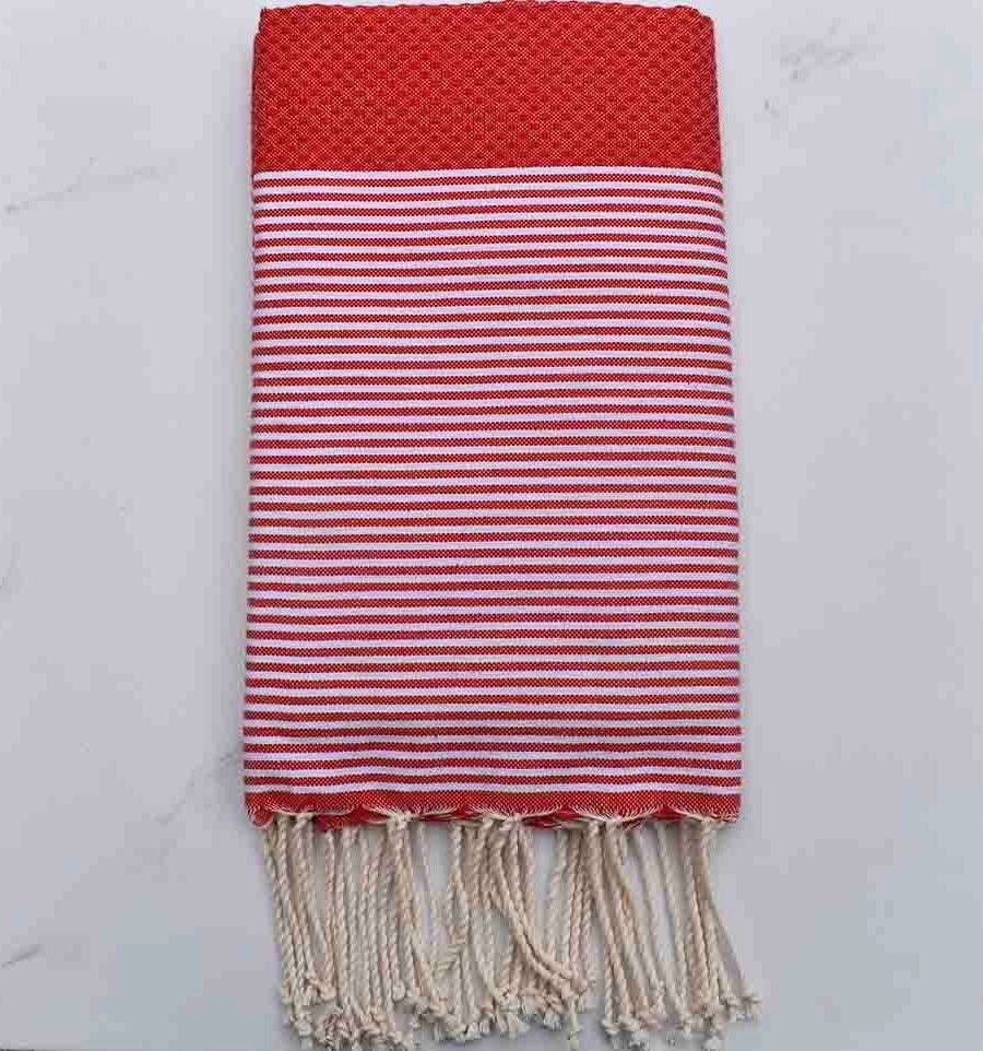 Fouta nid d'abeille rouge groseille rayée blanc