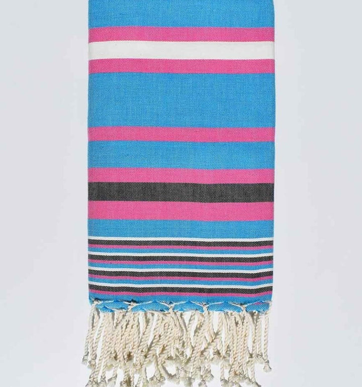 Fouta dina bleu céleste rayée rose et blanc