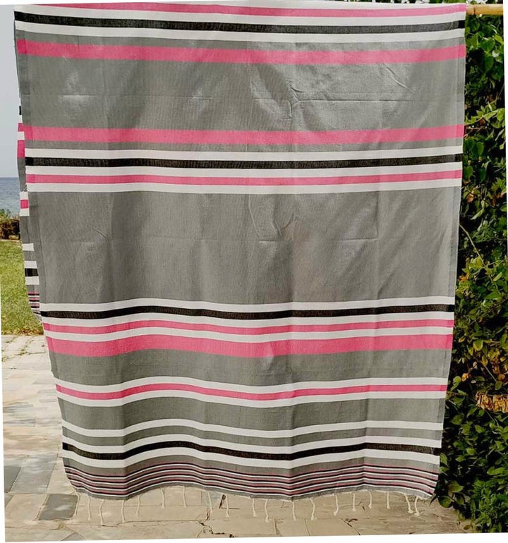 Fouta dina gris rayée rose, blanc et gris noir
