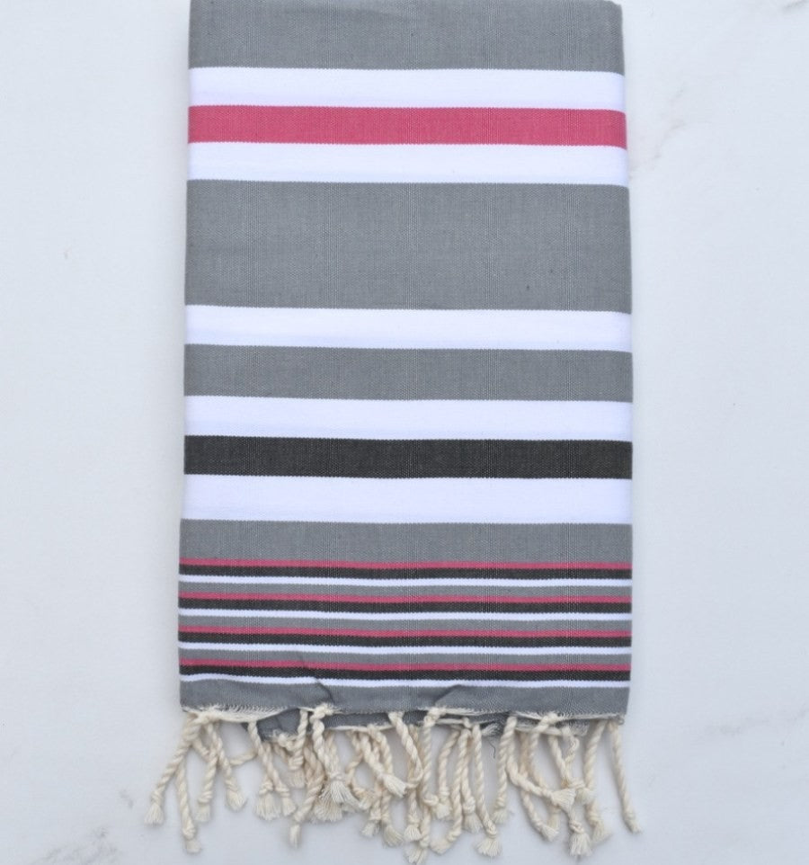 Fouta dina gris rayée rose, blanc et gris noir