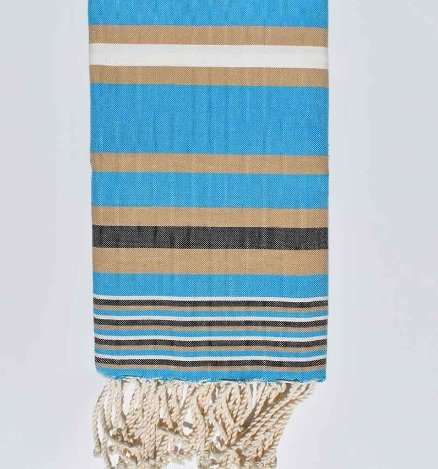 Serviette de plage Dina bleu céleste rayée beige et blanc
