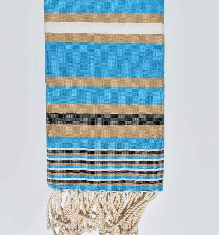 Serviette de plage Dina bleu céleste rayée beige et blanc