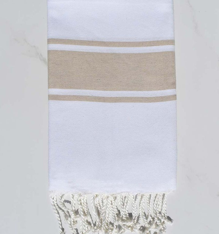 Fouta en Coton Recyclé blanche avec bandes beige
