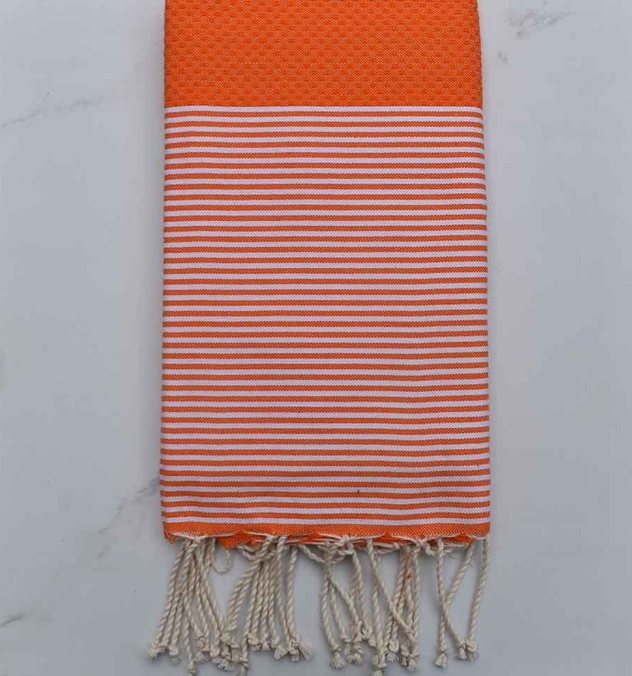 Fouta nid d'abeille orange rayée blanc