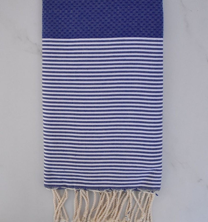 Fouta nid d'abeille bleu outremer rayée blanc