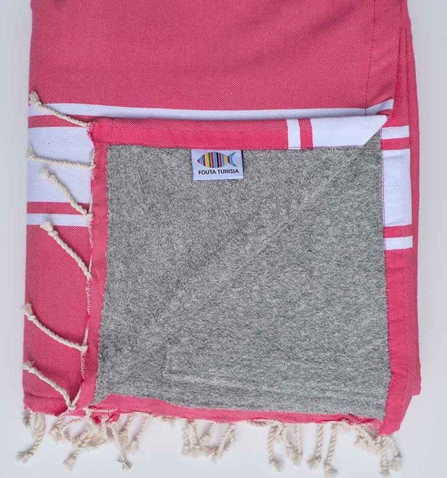 Fouta plate rose fraise doublée éponge gris