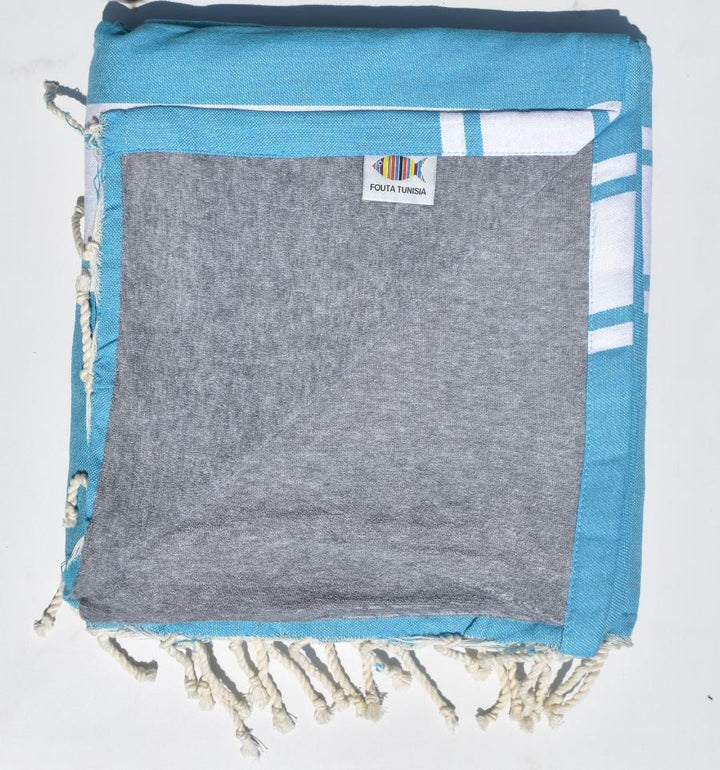 Fouta bleu azur doublée éponge grise