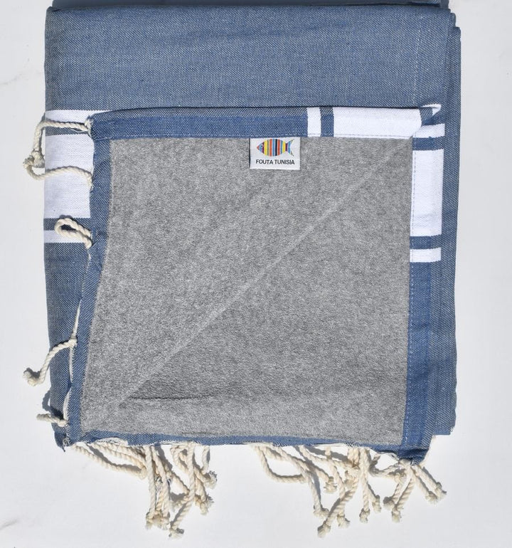 Fouta bleu guède doublée éponge grise