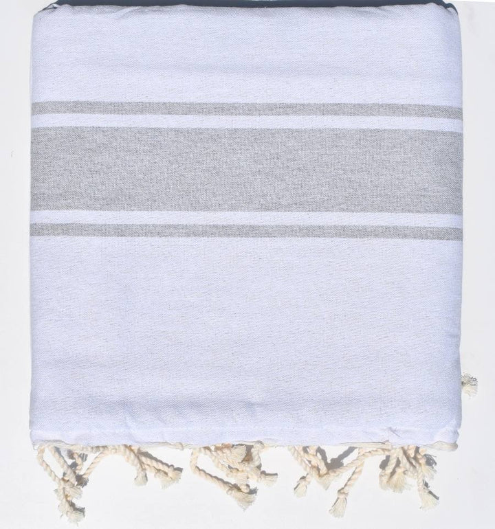 Fouta blanche à bandes gris clair doublée éponge gris