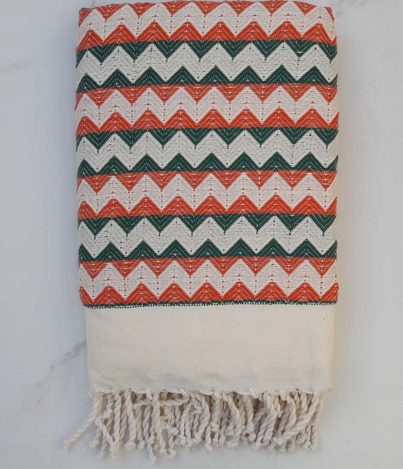 Fouta zigzag blanc crème, orange et vert 