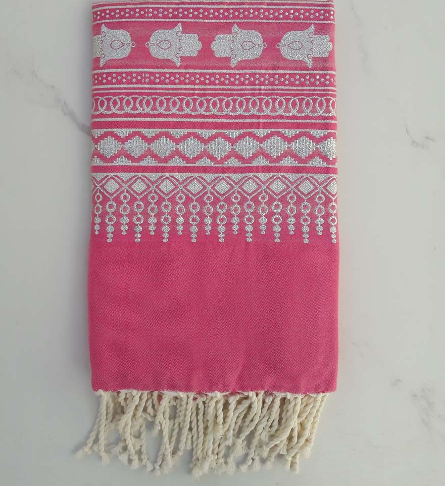 Fouta khomsa rose framboise 
