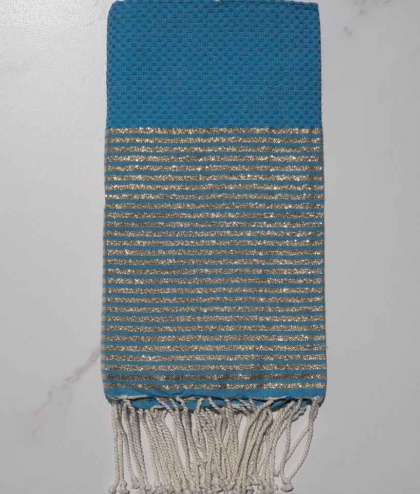 Fouta Lurex nid d'abeille bleu au fil lurex doré 