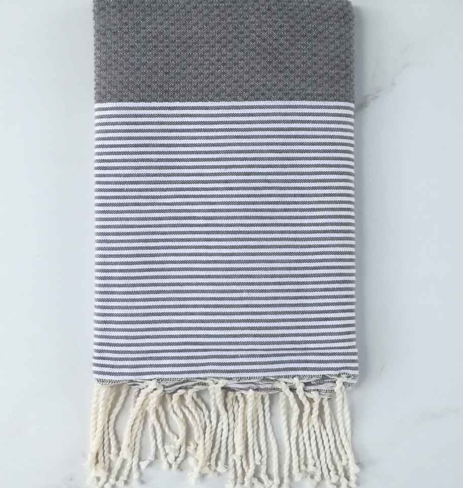 FOUTA NID D'ABEILLE Gris mastic rayée blanc 