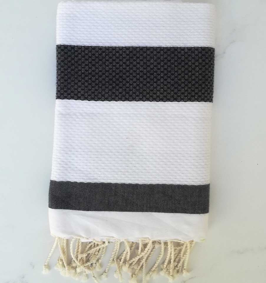 Fouta nid d'abeille blanc et gris noir 